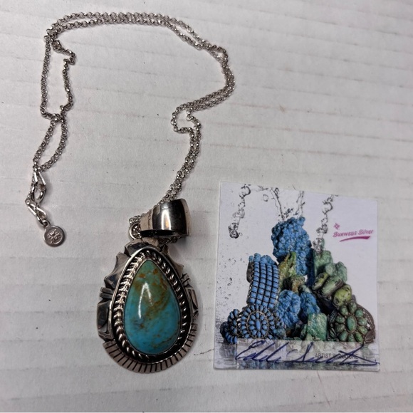 SUNWEST SILVER Pear Cut Kingman Turquoise Pendant Necklace - Picture 1 of 6